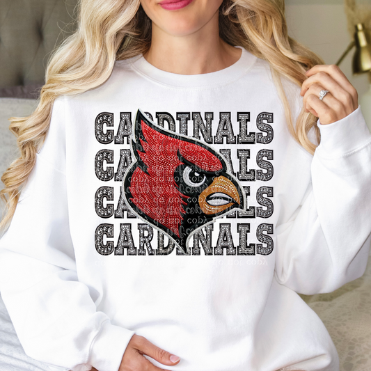 Red Cardinal Mascot Repeat Words Faux Rhinestone & Faux Embroidery DTF & Sublimation Transfer