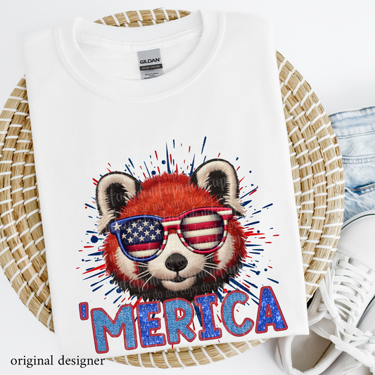 Red Panda 'Merica  **EXCLUSIVE** Faux Embroidery, Chenille, & Sparkle DTF & Sublimation Transfer