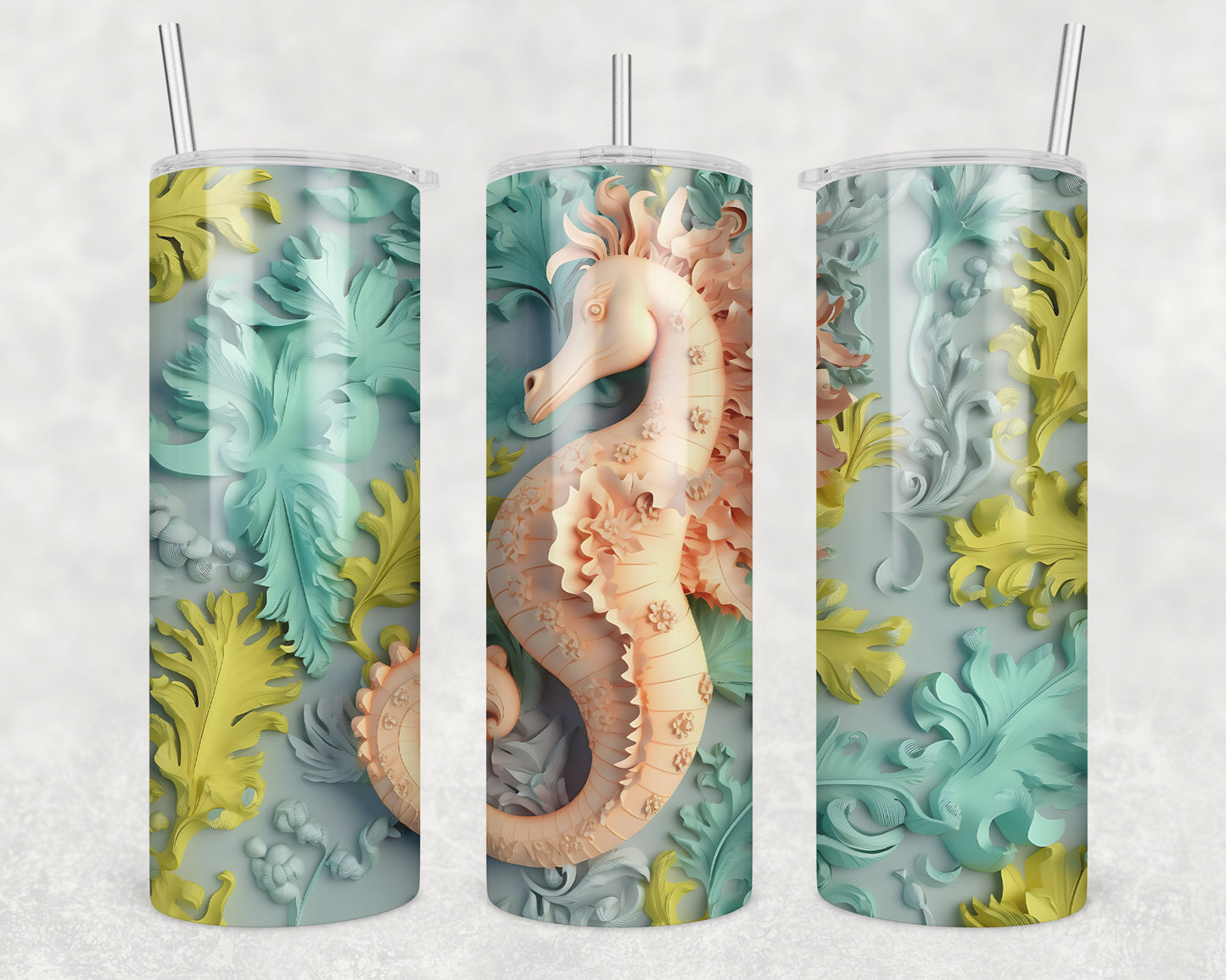 3D Seahorse Greenery Sublimation Transfer Tumbler Wrap 20oz (read description)