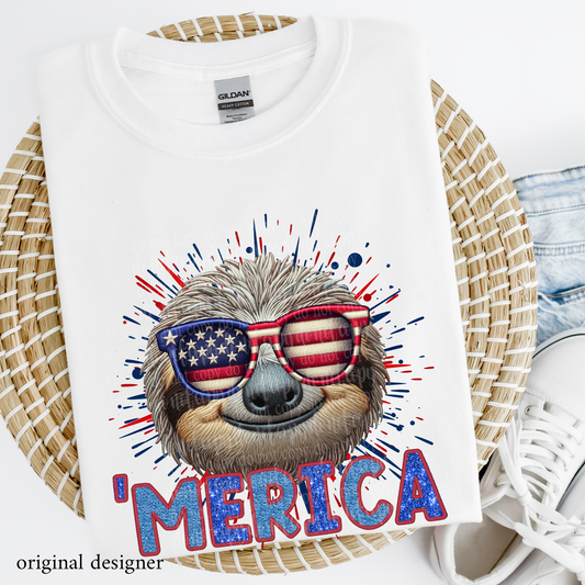 Sloth 'Merica **EXCLUSIVE** Faux Embroidery, Chenille, & Sparkle DTF & Sublimation Transfer