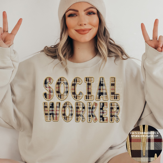 Social Worker Fall Plaid Faux Embroidery DTF & Sublimation Transfer