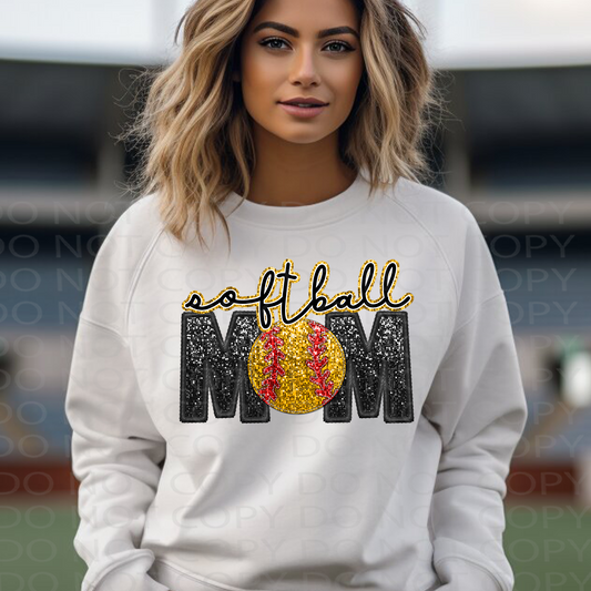 SoftBall Mom Faux Embroidery and Sparkles DTF & Sublimation Transfer