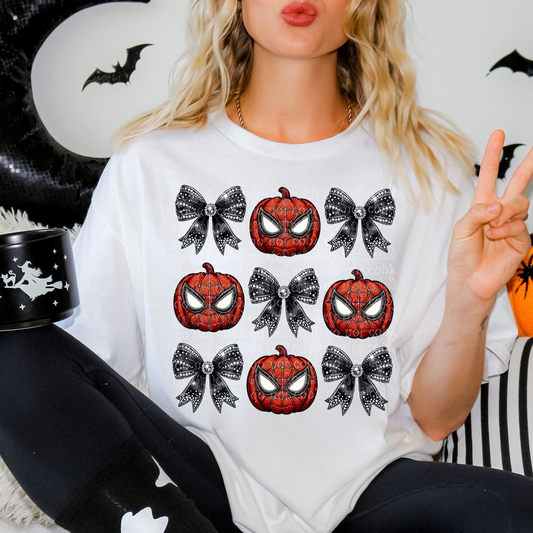 Spider Pumpkin with Bows Faux Rhinestone & Faux Embroidery DTF & Sublimation Transfer