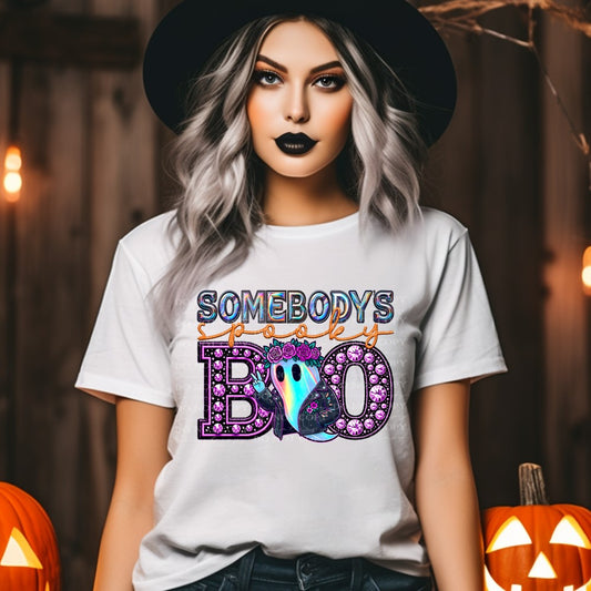 Spooky Boo Faux Rhinestone, Faux Embroidery, & Faux Holographic Look DTF & Sublimation Transfer