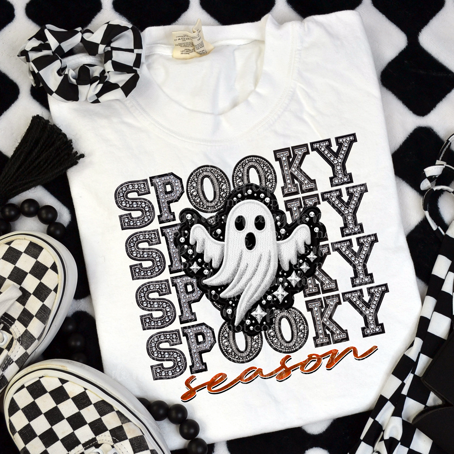 Spooky Season Repeat Words Faux Rhinestone & Faux Embroidery DTF & Sublimation Transfer