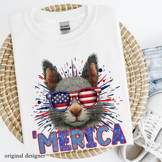 Squirrel 'Merica **EXCLUSIVE** Faux Embroidery, Chenille, & Sparkle DTF & Sublimation Transfer