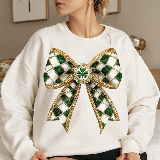 St. Patrick's Day Checker Bow Faux Rhinestone DTF & Sublimation Transfer