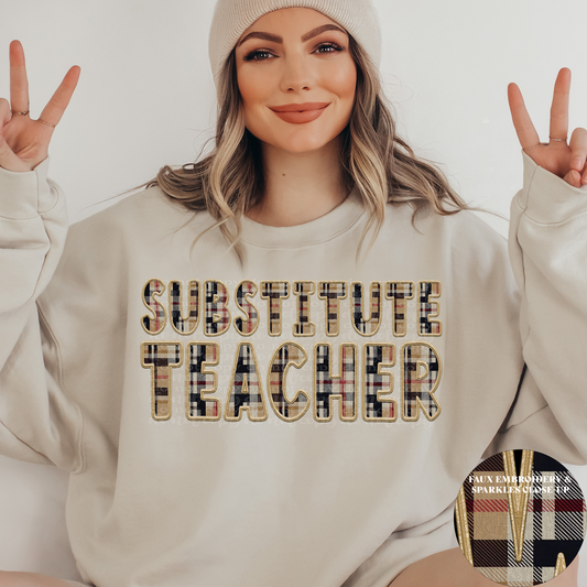 Substitute Teacher Fall Plaid Faux Embroidery DTF & Sublimation Transfer