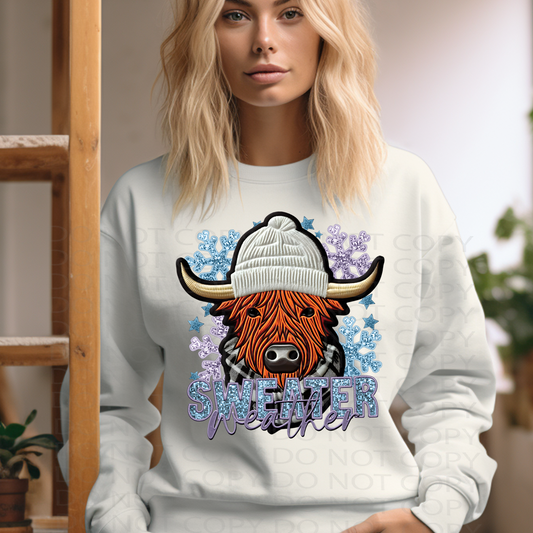 Sweater Weather Cow Faux Embroidery and Sparkle DTF & Sublimation Transfer