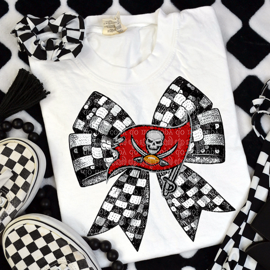 Tampa Bay Checker Coquette Bow Faux Sequin, Faux Rhinestone & Faux Embroidery DTF & Sublimation Transfer