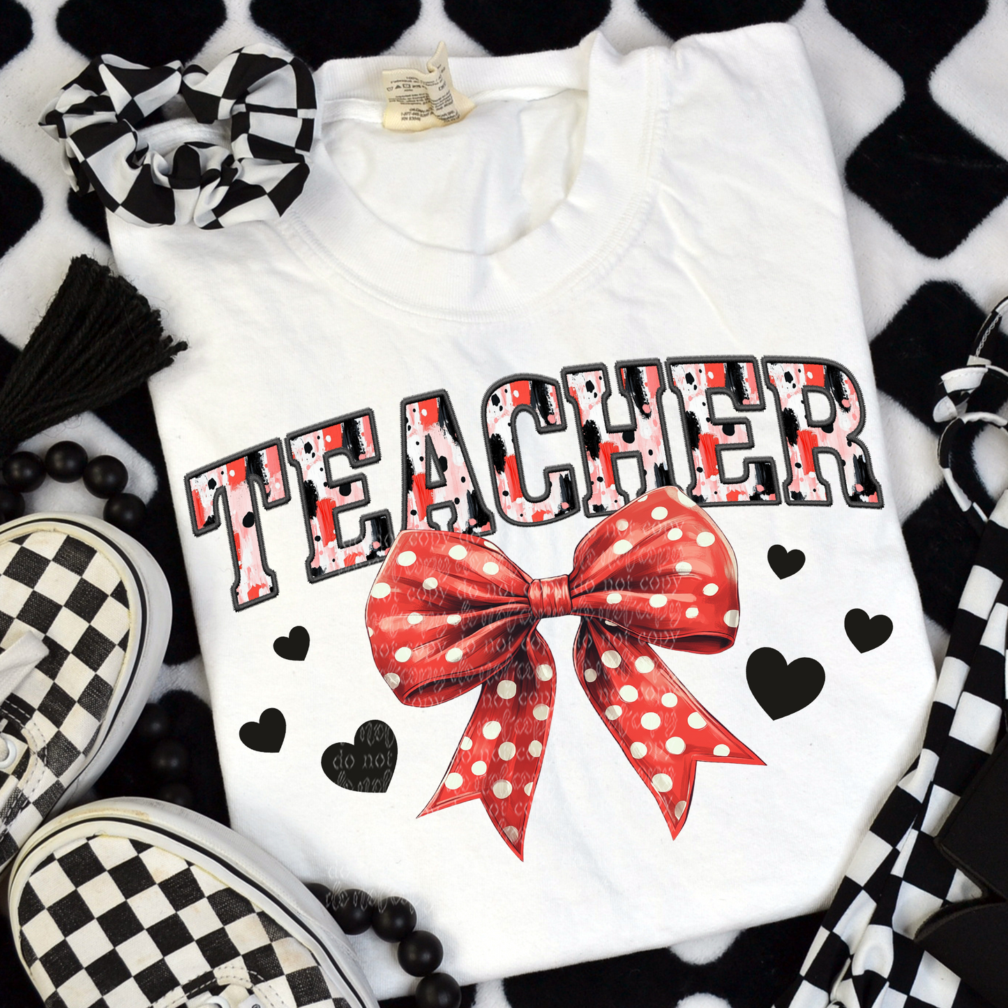 Teacher Coquette Bow Faux Embroidery DTF & Sublimation Transfer