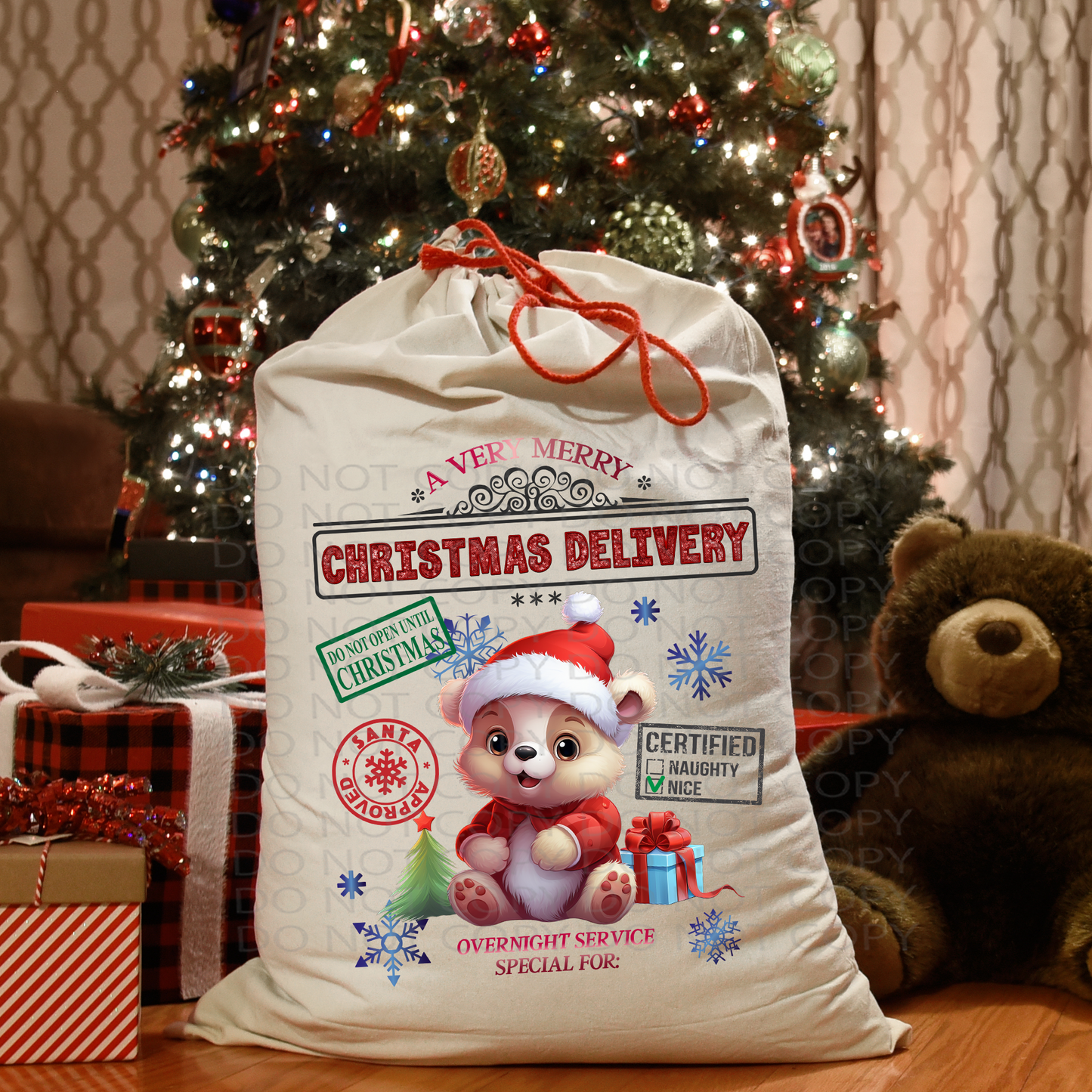 Teddy Bear Santa Sack Faux Embroidery and Sparkles DTF Transfer