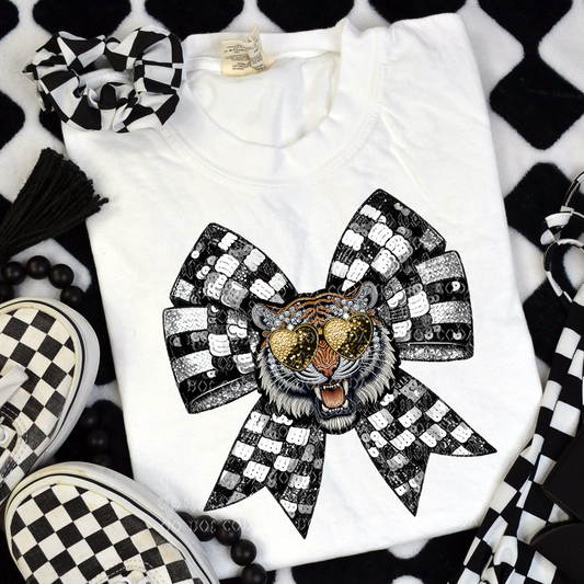 Tiger Checker Coquette Bow Faux Sequin, Faux Rhinestone & Faux Embroidery DTF & Sublimation Transfer