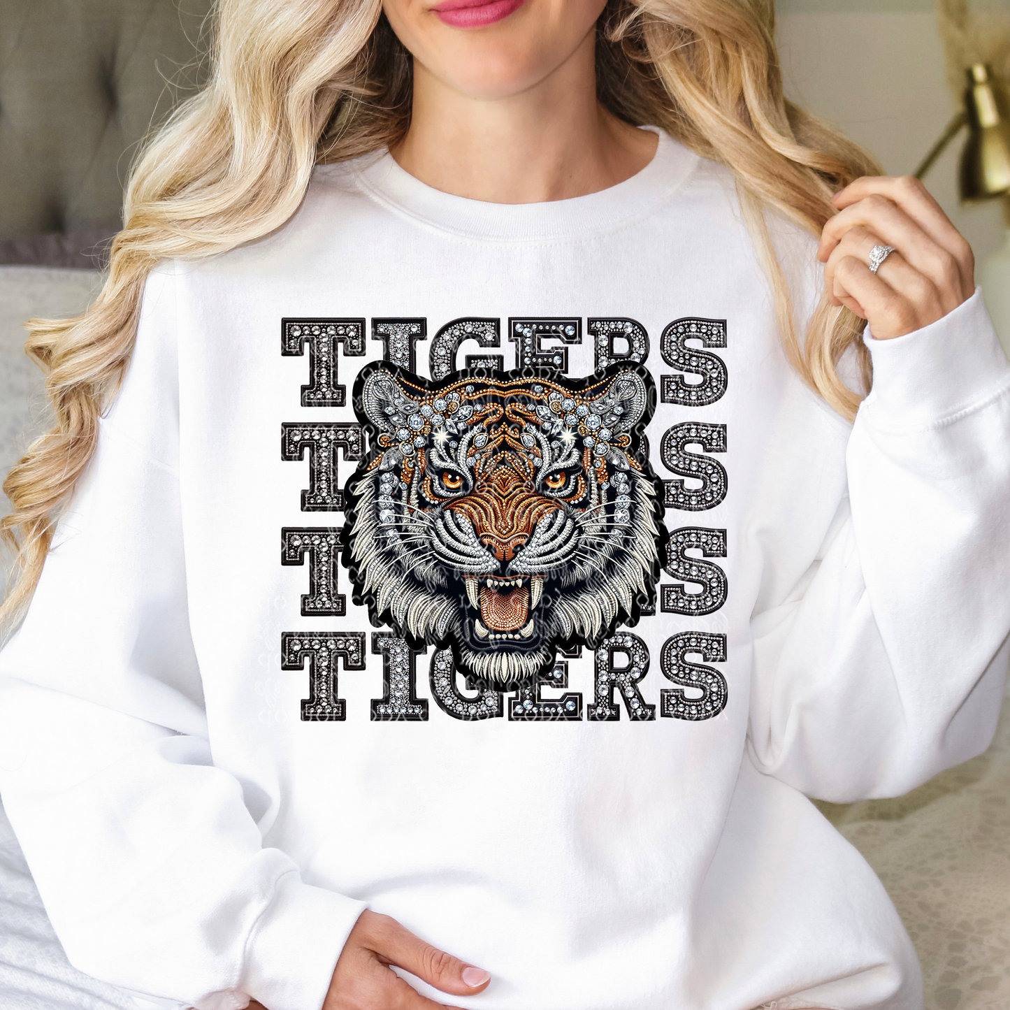 Tigers Mascot Repeat Words Faux Rhinestone & Faux Embroidery DTF & Sublimation Transfer