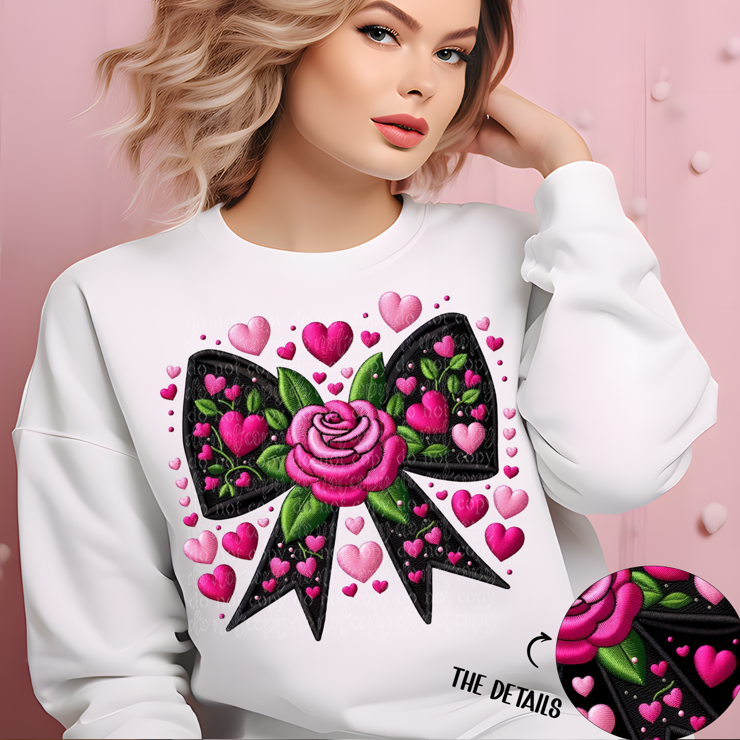 Valentine Coquette Bow Faux Embroidery DTF & Sublimation Transfer