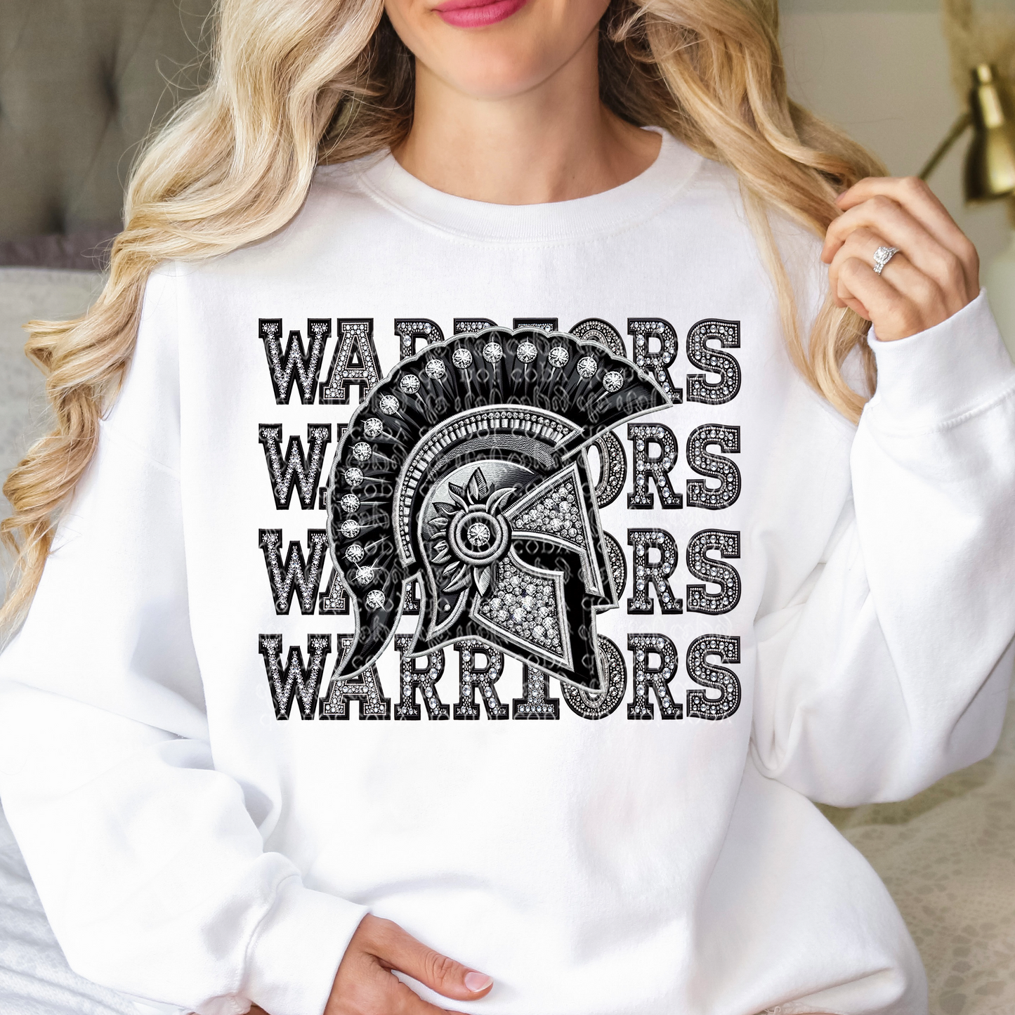 Warriors Mascot Repeat Words Faux Rhinestone & Faux Embroidery DTF & Sublimation Transfer