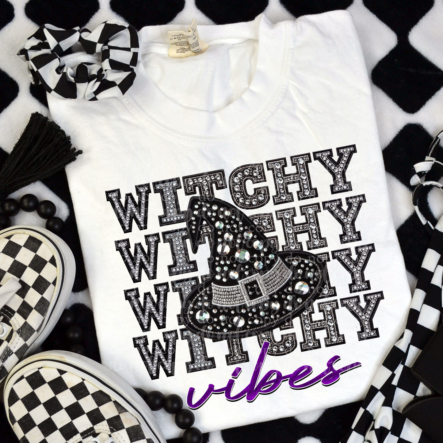 Witchy Vibes Repeat Words Faux Rhinestone & Faux Embroidery DTF & Sublimation Transfer