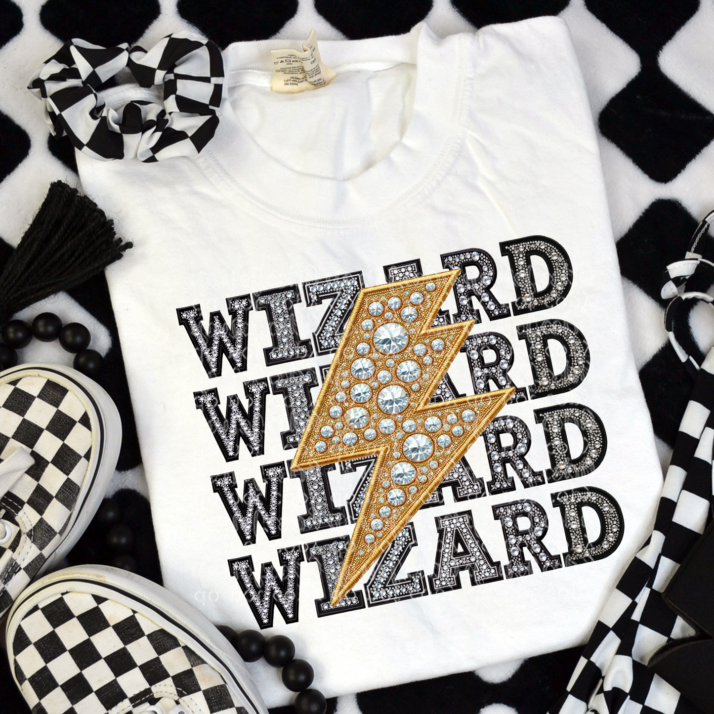 Wizard Bolt Repeat Words Faux Rhinestone & Faux Embroidery DTF & Sublimation Transfer