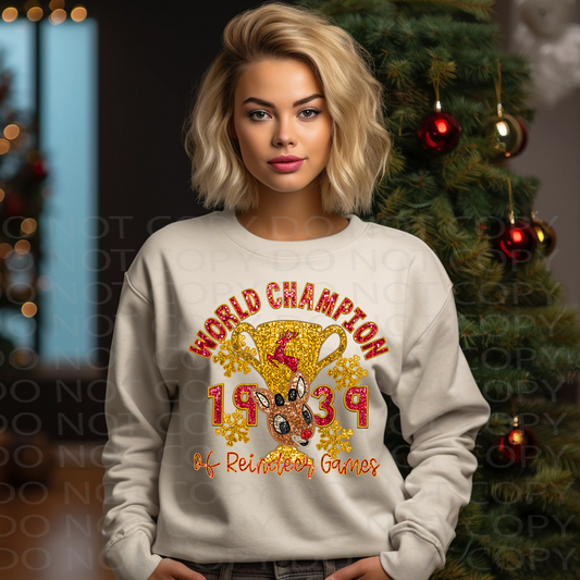 World Champion Reindeer Games Faux Embroidery and Sparkles DTF & Sublimation Transfer