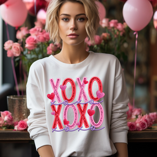 XOXO with Hearts Faux Embroidery and Sparkles DTF & Sublimation Transfer