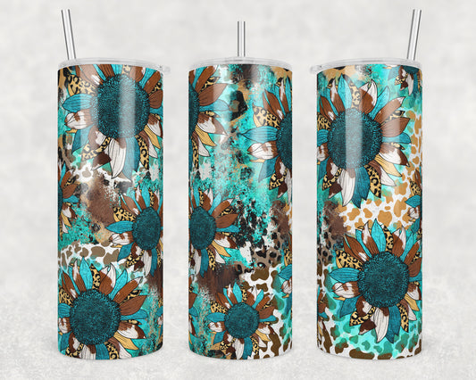 Country Turquoise Sunflowers Sublimation Transfer Tumbler Wrap 20oz (read description)