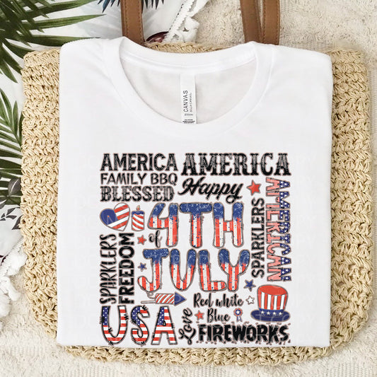 4th of July Typography Faux Embroidery DTF Transfer