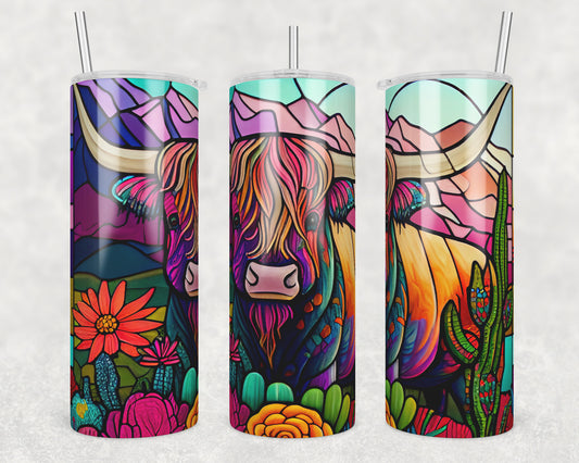 Stained Glass Highland Cow Sublimation Transfer Tumbler Wrap 20oz (read description)